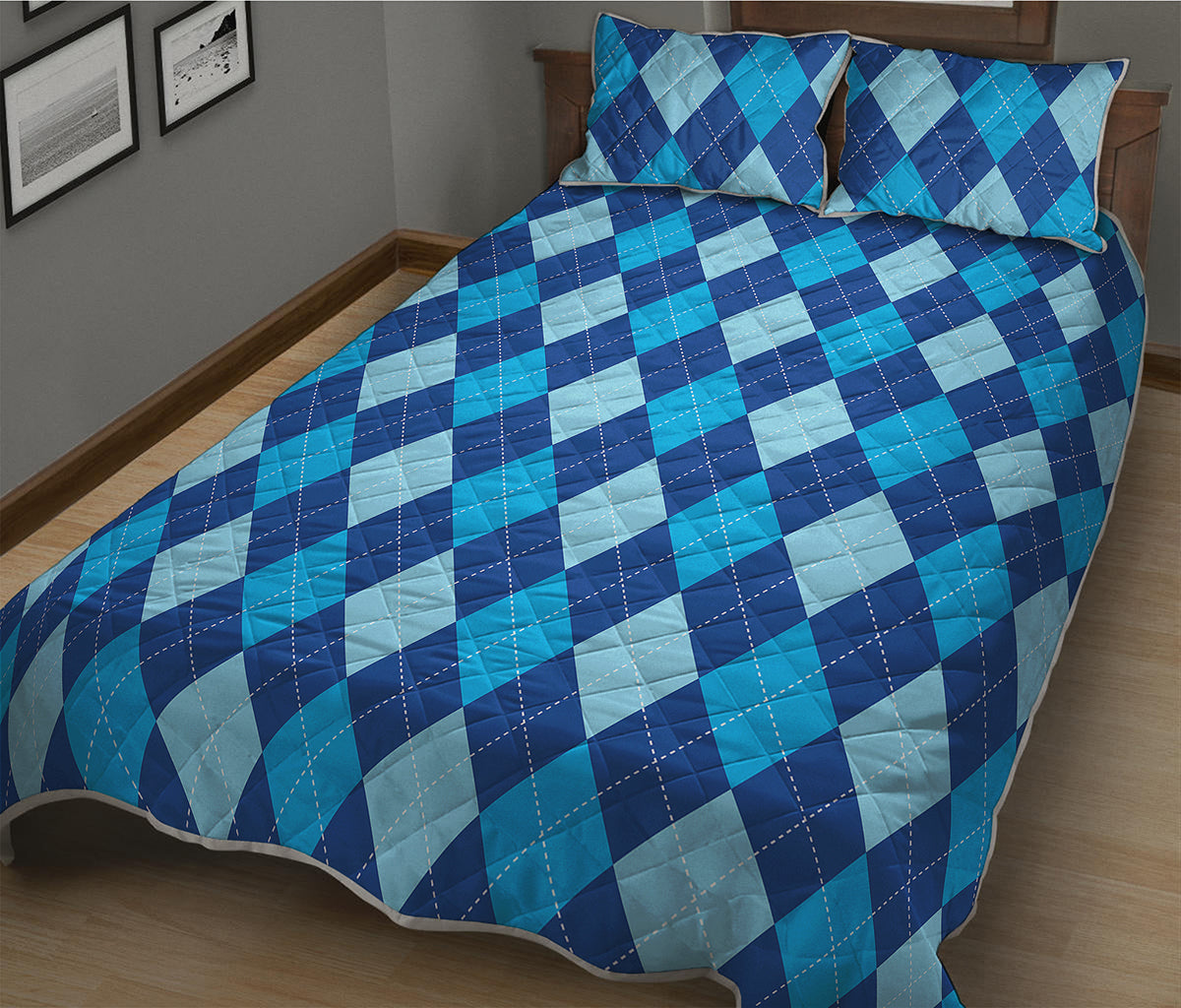 Classic Blue Argyle Pattern Print Quilt Bed Set