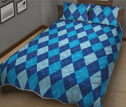 Classic Blue Argyle Pattern Print Quilt Bed Set