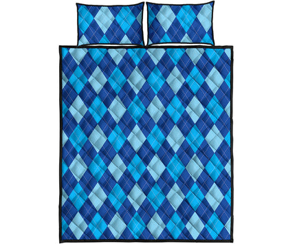 Classic Blue Argyle Pattern Print Quilt Bed Set
