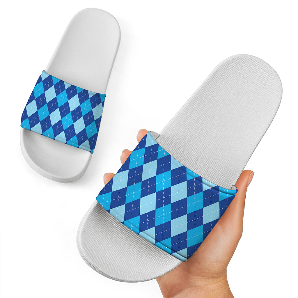 Classic Blue Argyle Pattern Print White Slide Sandals