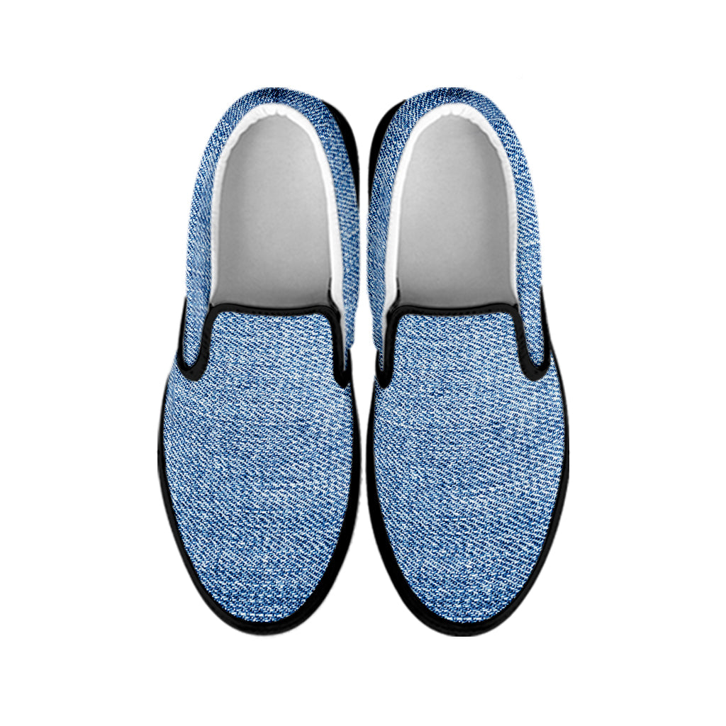 Classic Blue Denim Jeans Print Black Slip On Shoes