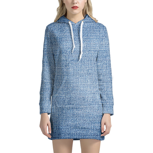 Classic Blue Denim Jeans Print Hoodie Dress