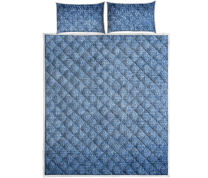Classic Blue Denim Jeans Print Quilt Bed Set