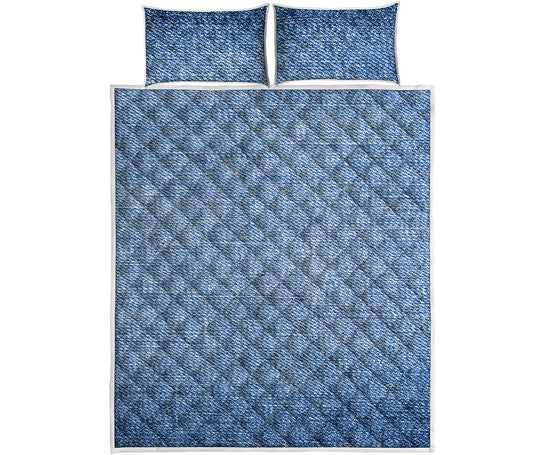 Classic Blue Denim Jeans Print Quilt Bed Set