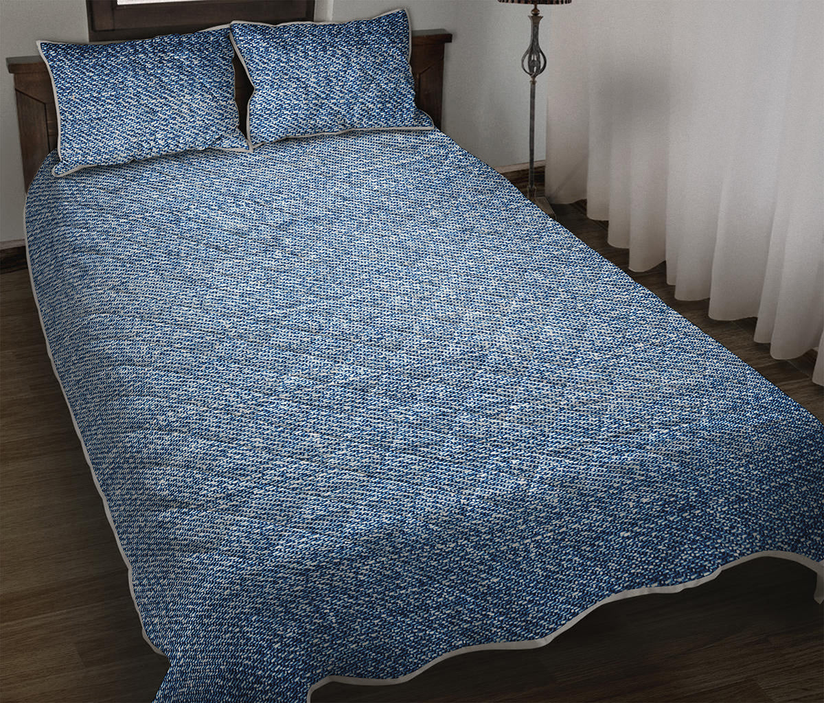 Classic Blue Denim Jeans Print Quilt Bed Set