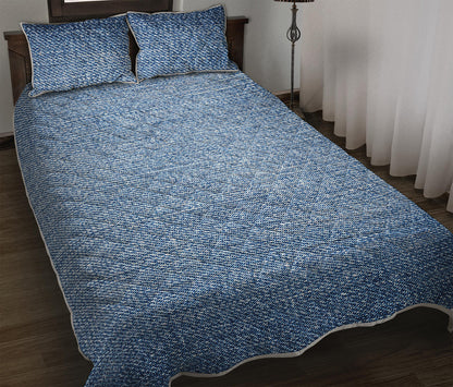 Classic Blue Denim Jeans Print Quilt Bed Set
