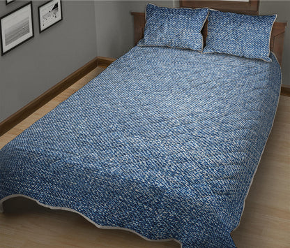 Classic Blue Denim Jeans Print Quilt Bed Set