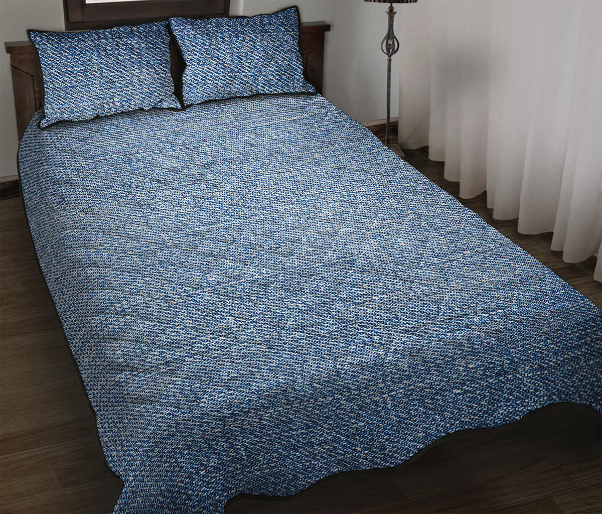 Classic Blue Denim Jeans Print Quilt Bed Set