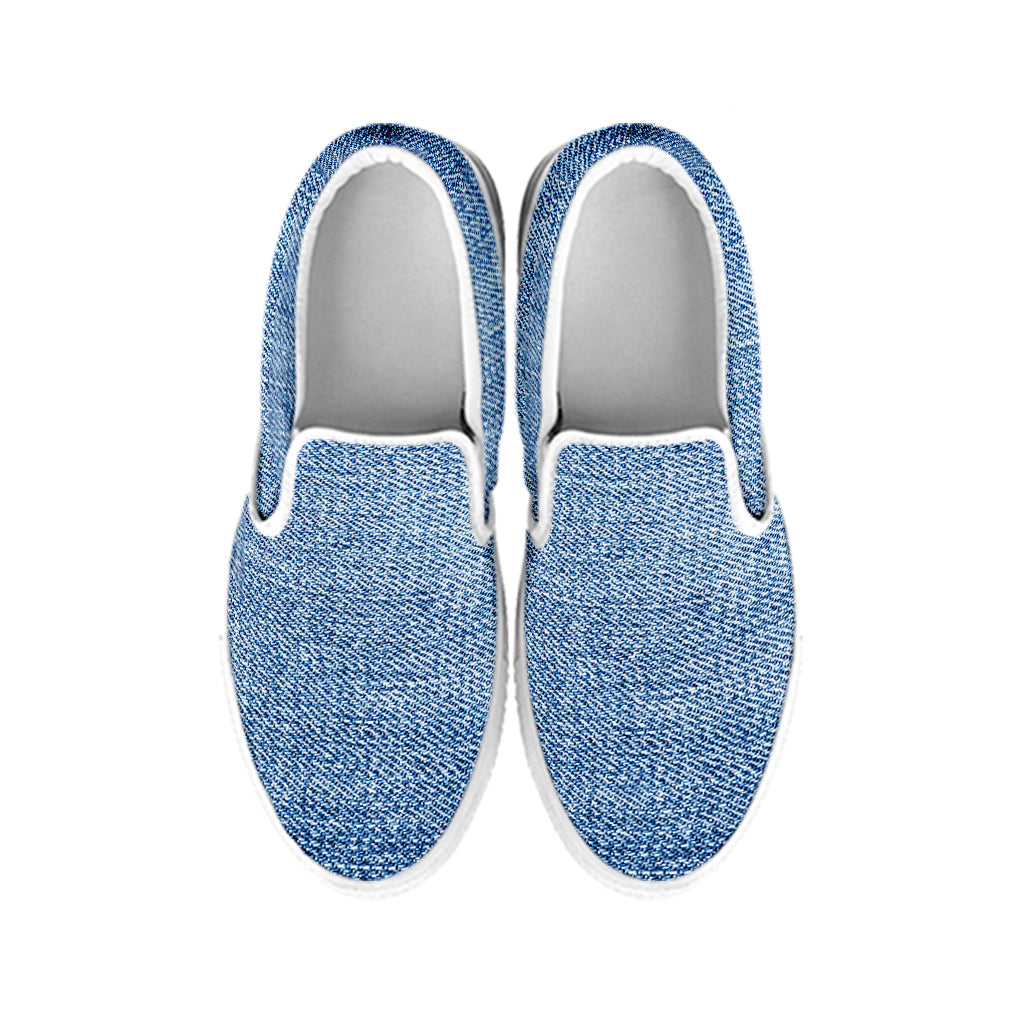 Classic Blue Denim Jeans Print White Slip On Shoes