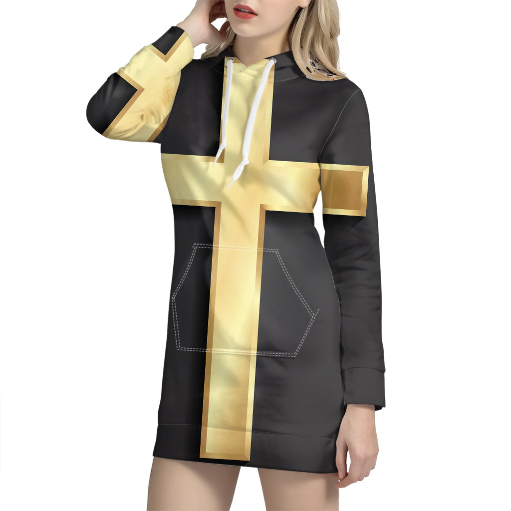 Classic Golden Cross Print Hoodie Dress