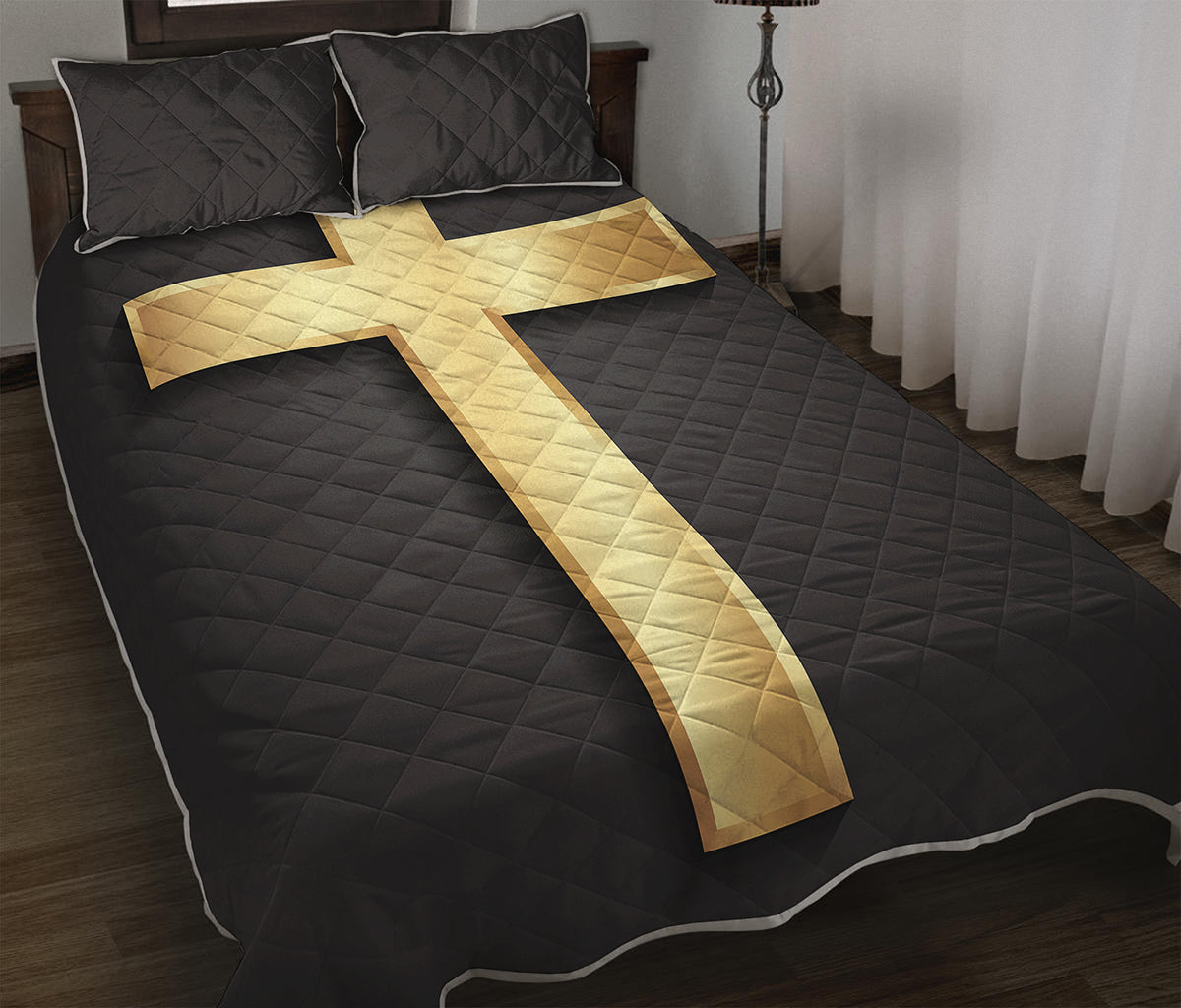 Classic Golden Cross Print Quilt Bed Set