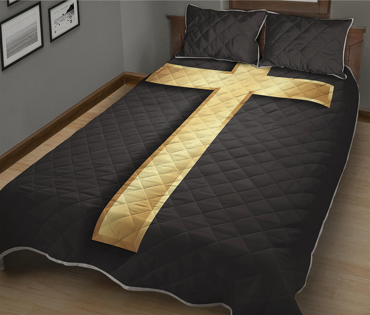 Classic Golden Cross Print Quilt Bed Set