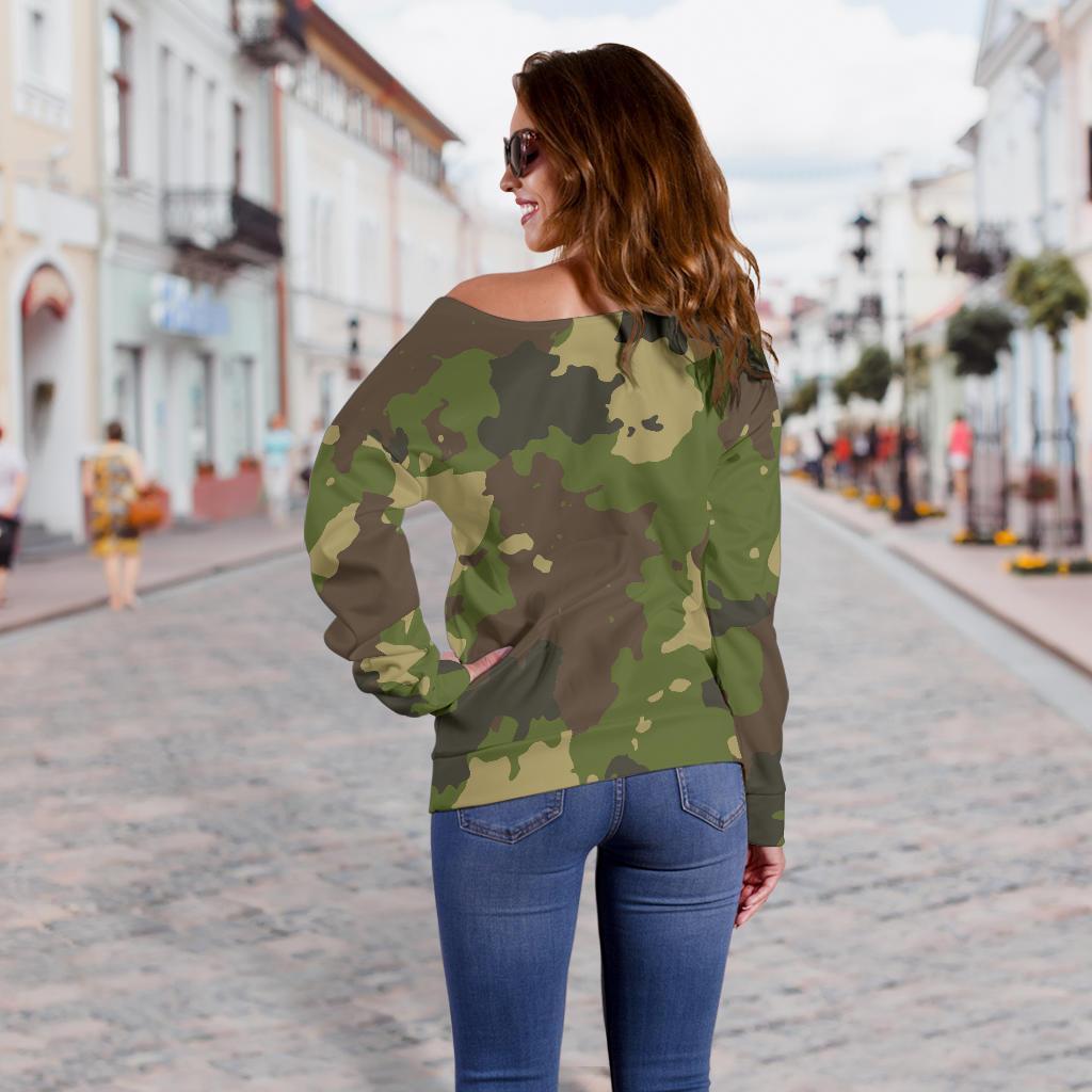 Classic Green Camouflage Print Off Shoulder Sweatshirt GearFrost