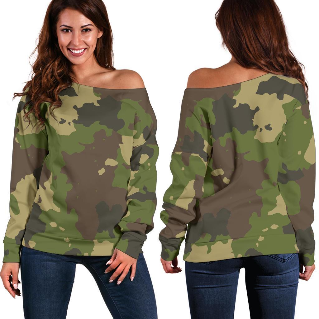 Classic Green Camouflage Print Off Shoulder Sweatshirt GearFrost