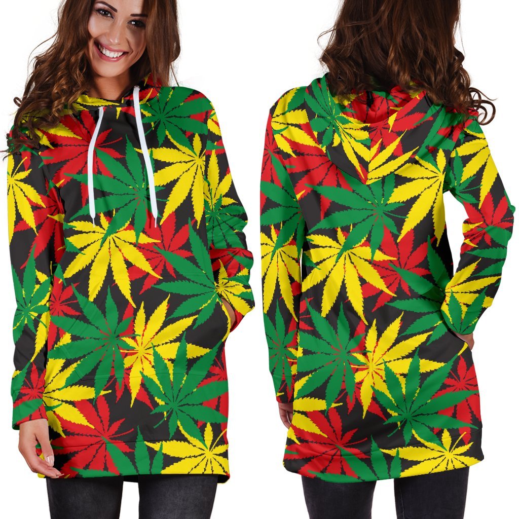 Classic Hemp Leaves Reggae Pattern Print Hoodie Dress GearFrost