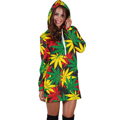 Classic Hemp Leaves Reggae Pattern Print Hoodie Dress GearFrost
