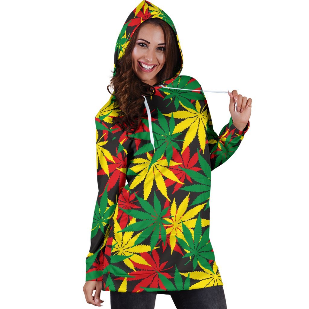 Classic Hemp Leaves Reggae Pattern Print Hoodie Dress GearFrost