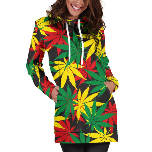Classic Hemp Leaves Reggae Pattern Print Hoodie Dress GearFrost