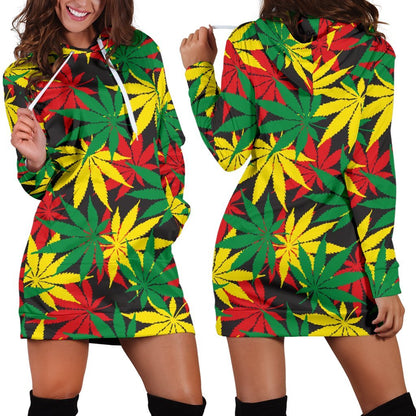 Classic Hemp Leaves Reggae Pattern Print Hoodie Dress GearFrost