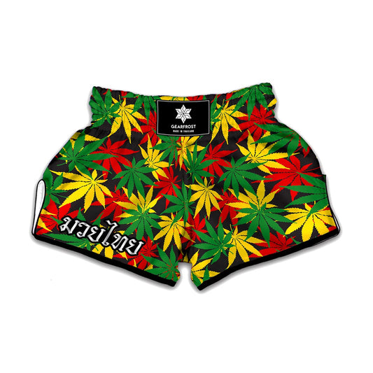 Classic Hemp Leaves Reggae Pattern Print Muay Thai Boxing Shorts