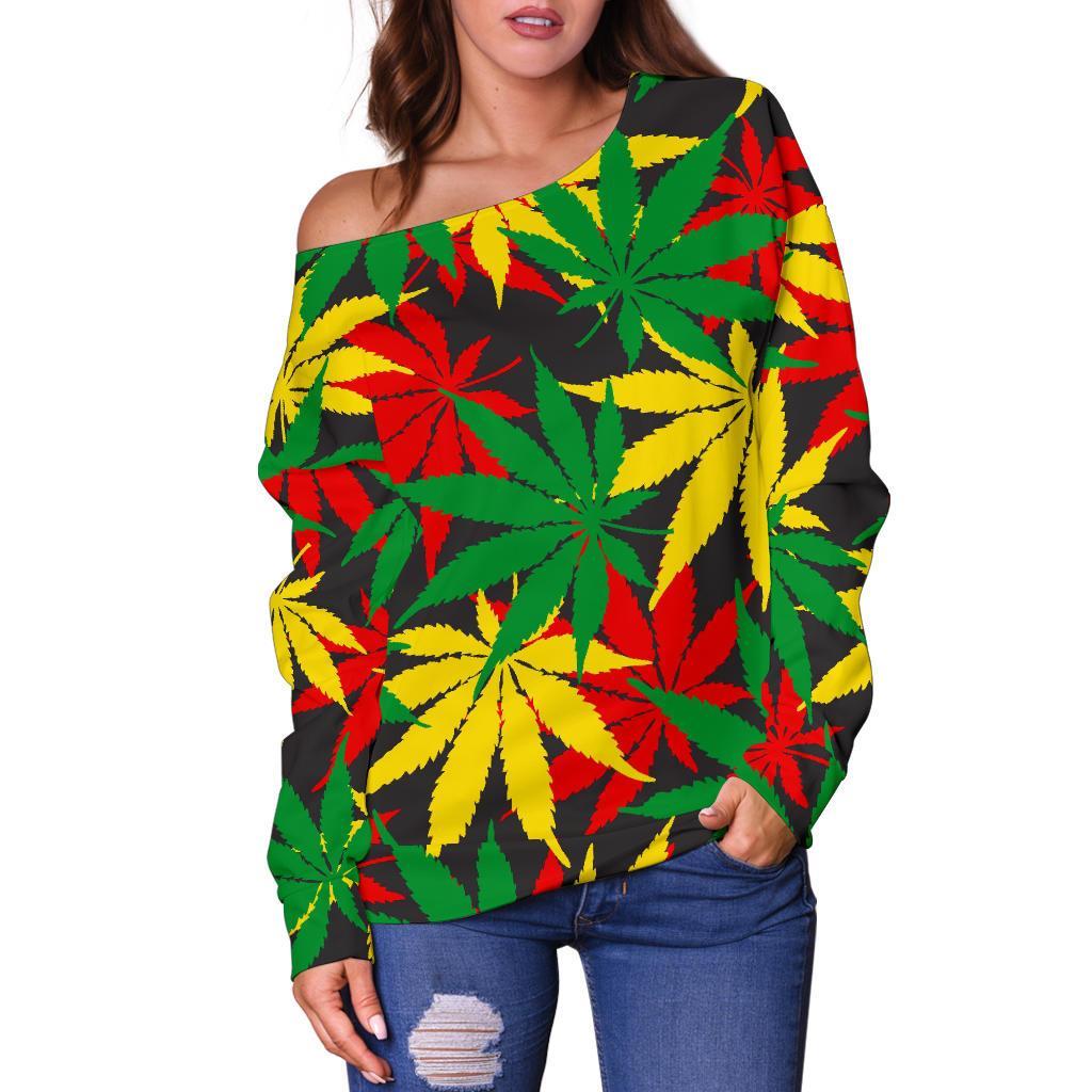 Classic Hemp Leaves Reggae Pattern Print Off Shoulder Sweatshirt GearFrost
