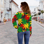 Classic Hemp Leaves Reggae Pattern Print Off Shoulder Sweatshirt GearFrost