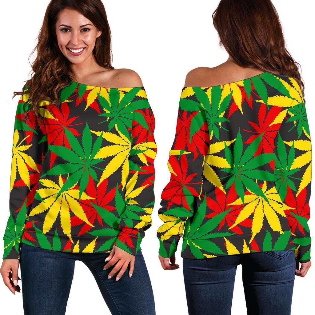 Classic Hemp Leaves Reggae Pattern Print Off Shoulder Sweatshirt GearFrost