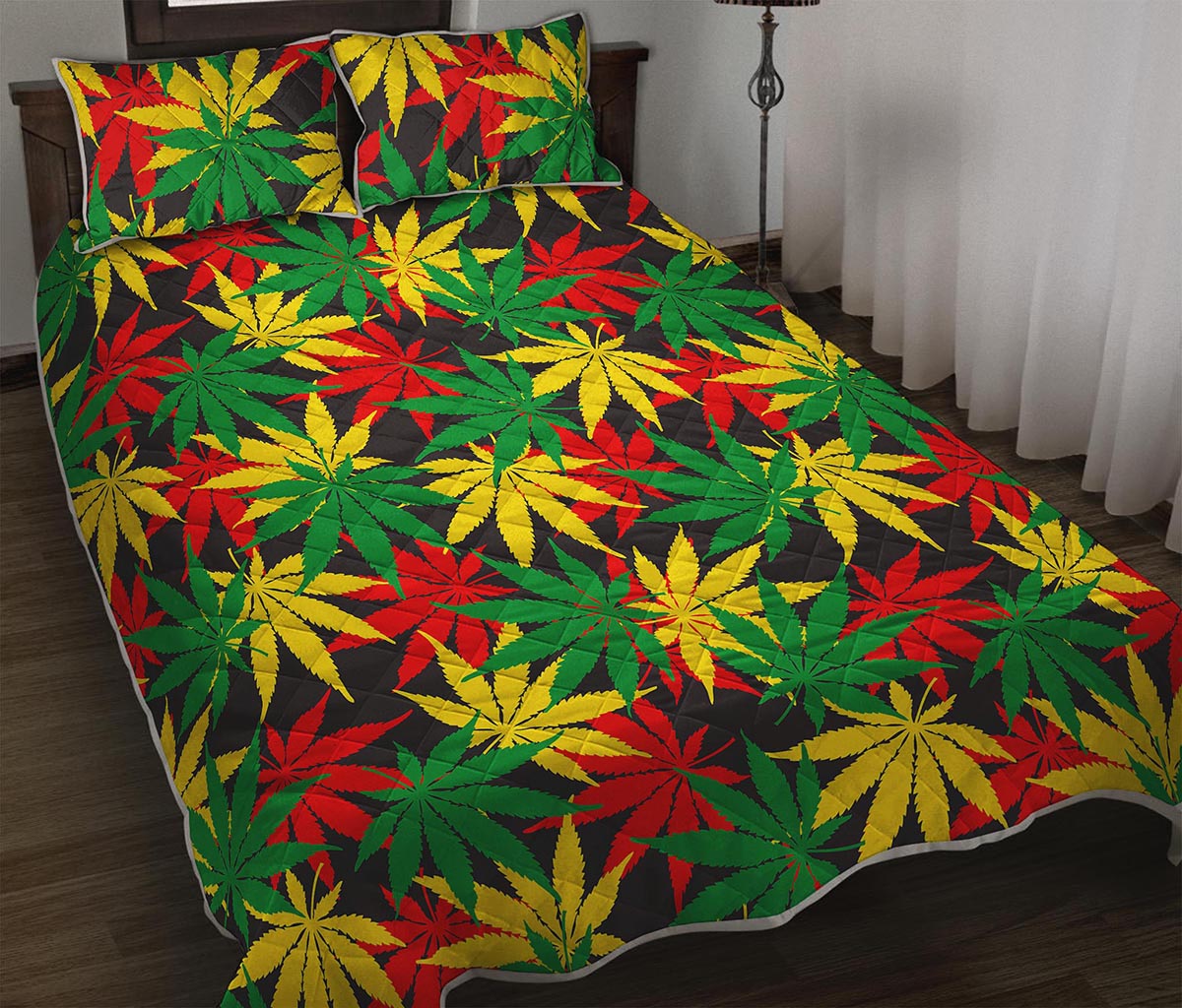 Classic Hemp Leaves Reggae Pattern Print Quilt Bed Set