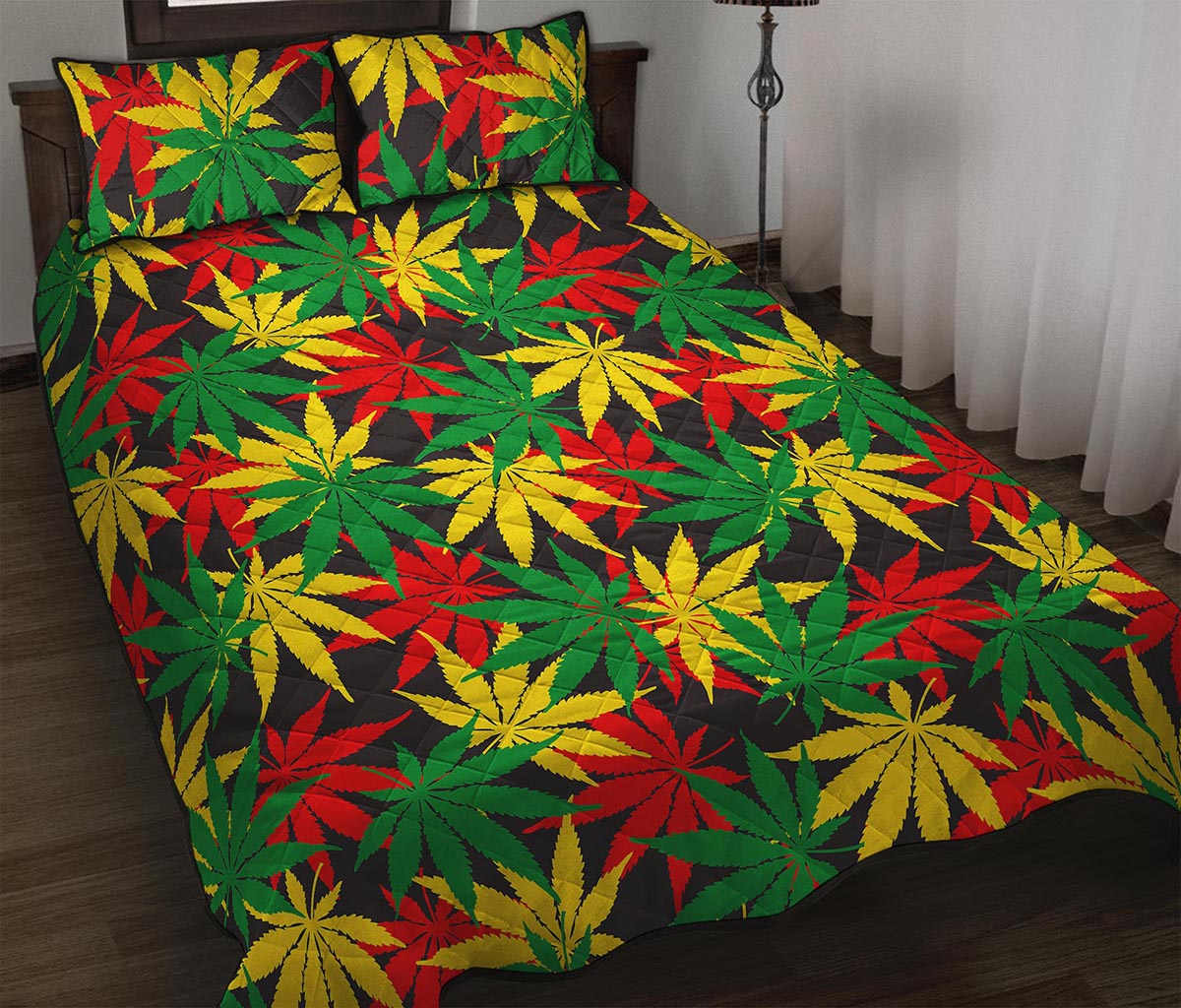 Classic Hemp Leaves Reggae Pattern Print Quilt Bed Set