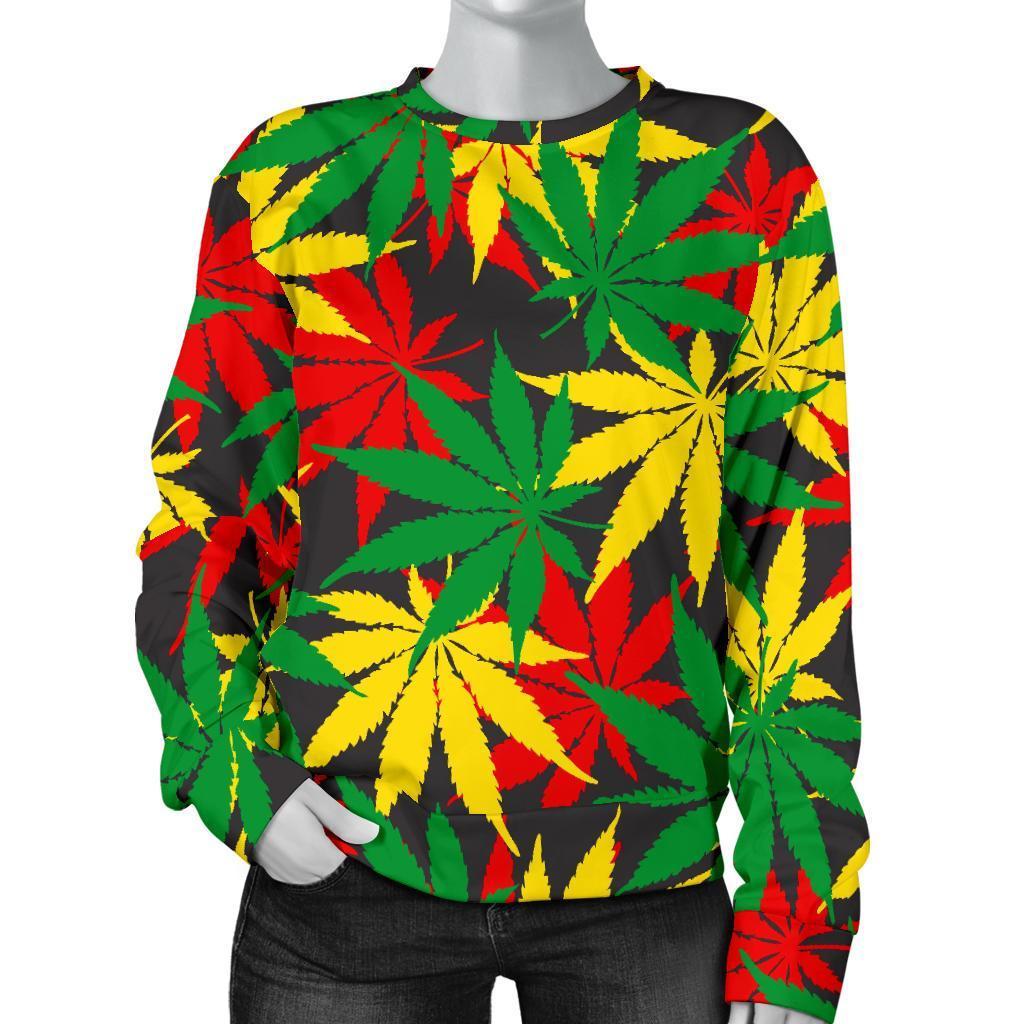 Classic Hemp Leaves Reggae Pattern Print Women's Crewneck Sweatshirt GearFrost