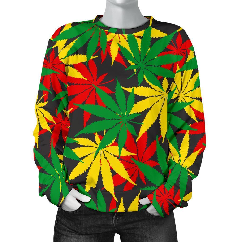 Classic Hemp Leaves Reggae Pattern Print Women's Crewneck Sweatshirt GearFrost