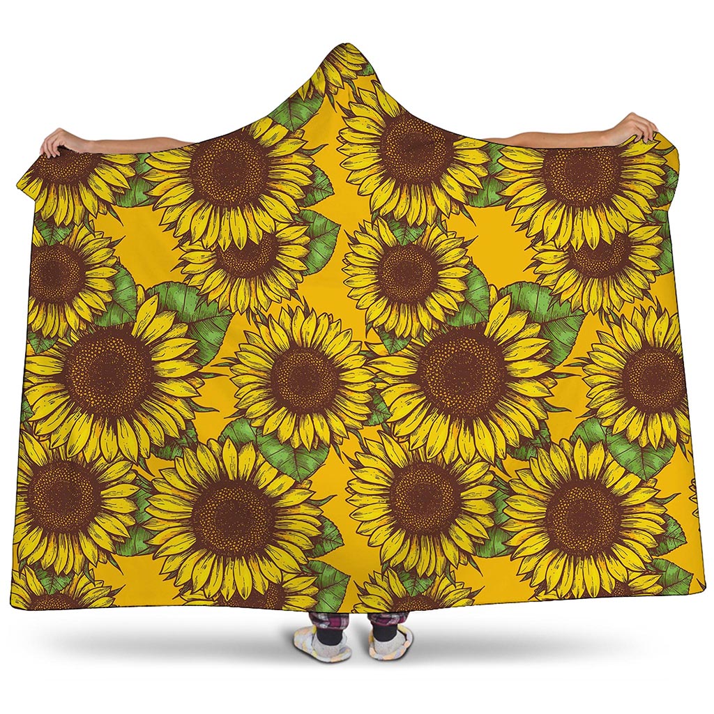 Classic Vintage Sunflower Pattern Print Hooded Blanket