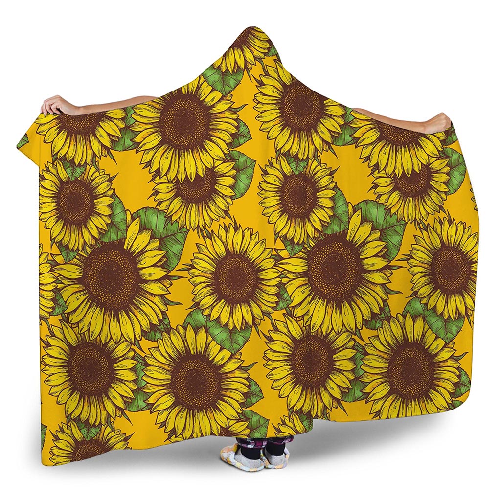 Classic Vintage Sunflower Pattern Print Hooded Blanket
