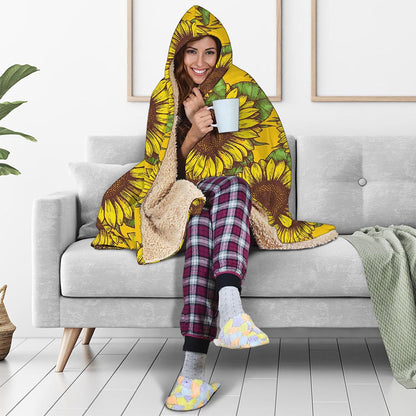 Classic Vintage Sunflower Pattern Print Hooded Blanket