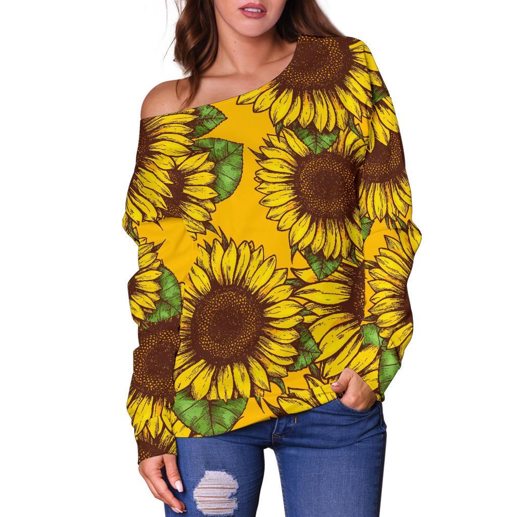 Classic Vintage Sunflower Pattern Print Off Shoulder Sweatshirt GearFrost