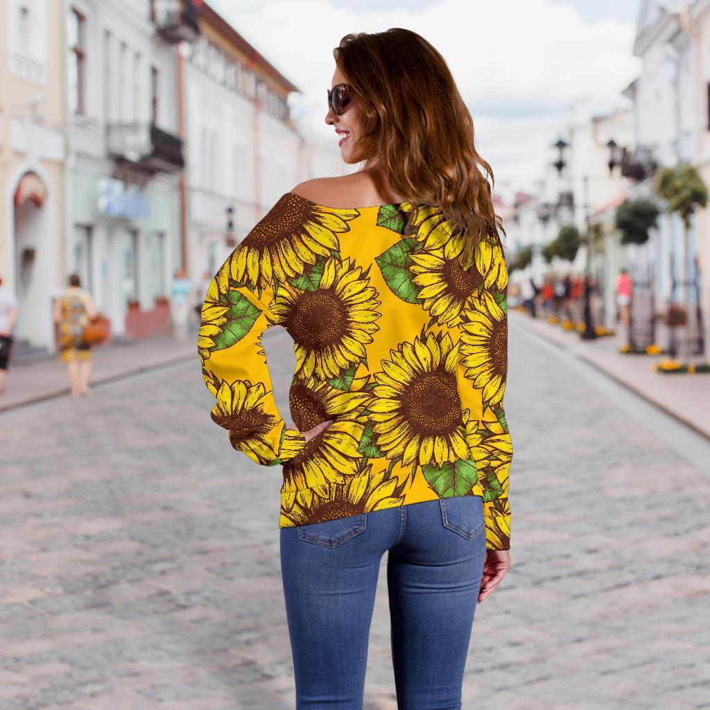 Classic Vintage Sunflower Pattern Print Off Shoulder Sweatshirt GearFrost