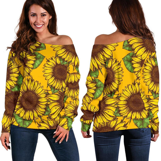 Classic Vintage Sunflower Pattern Print Off Shoulder Sweatshirt GearFrost