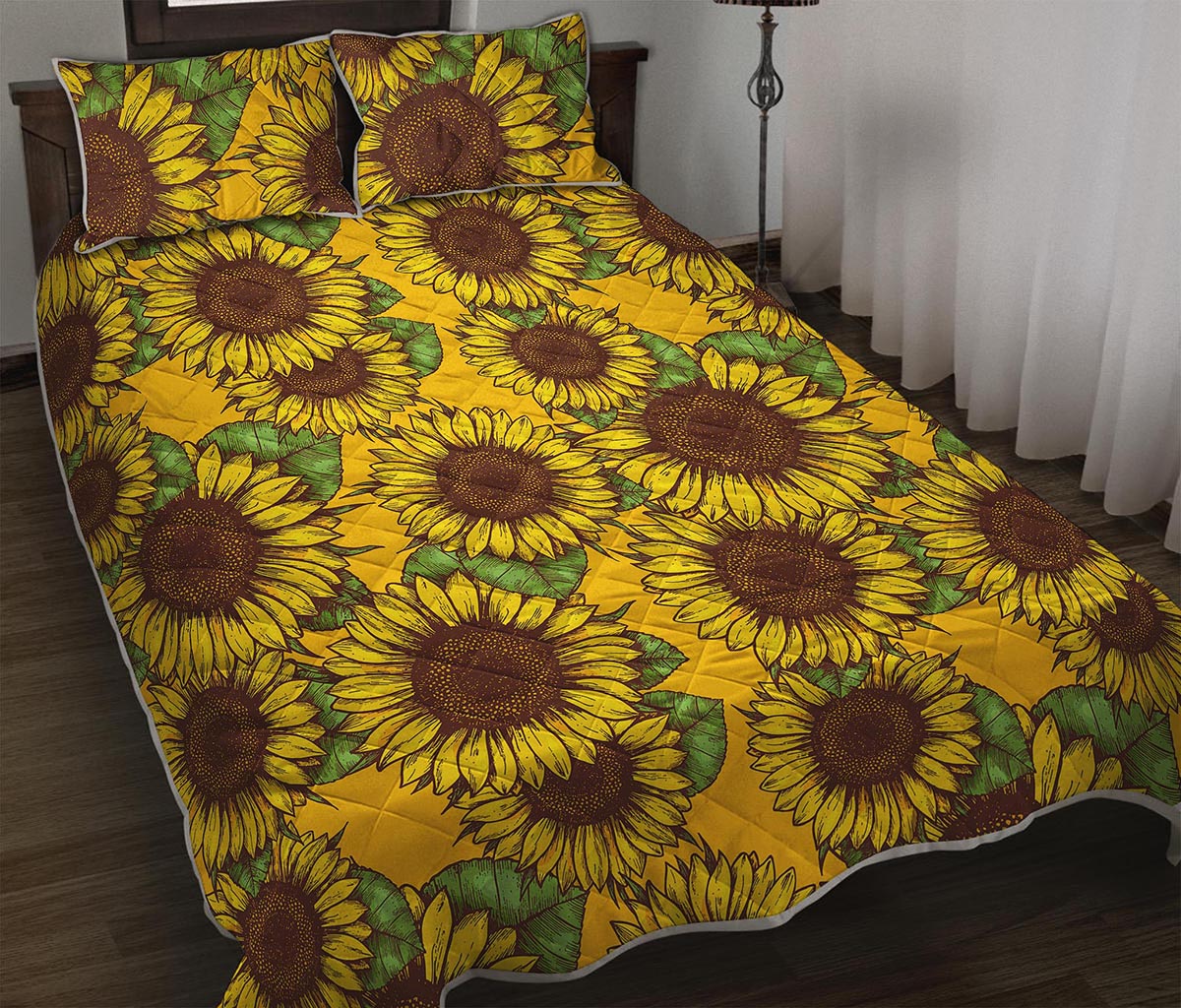 Classic Vintage Sunflower Pattern Print Quilt Bed Set