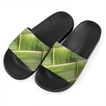 Coconut Leaf Print Black Slide Sandals