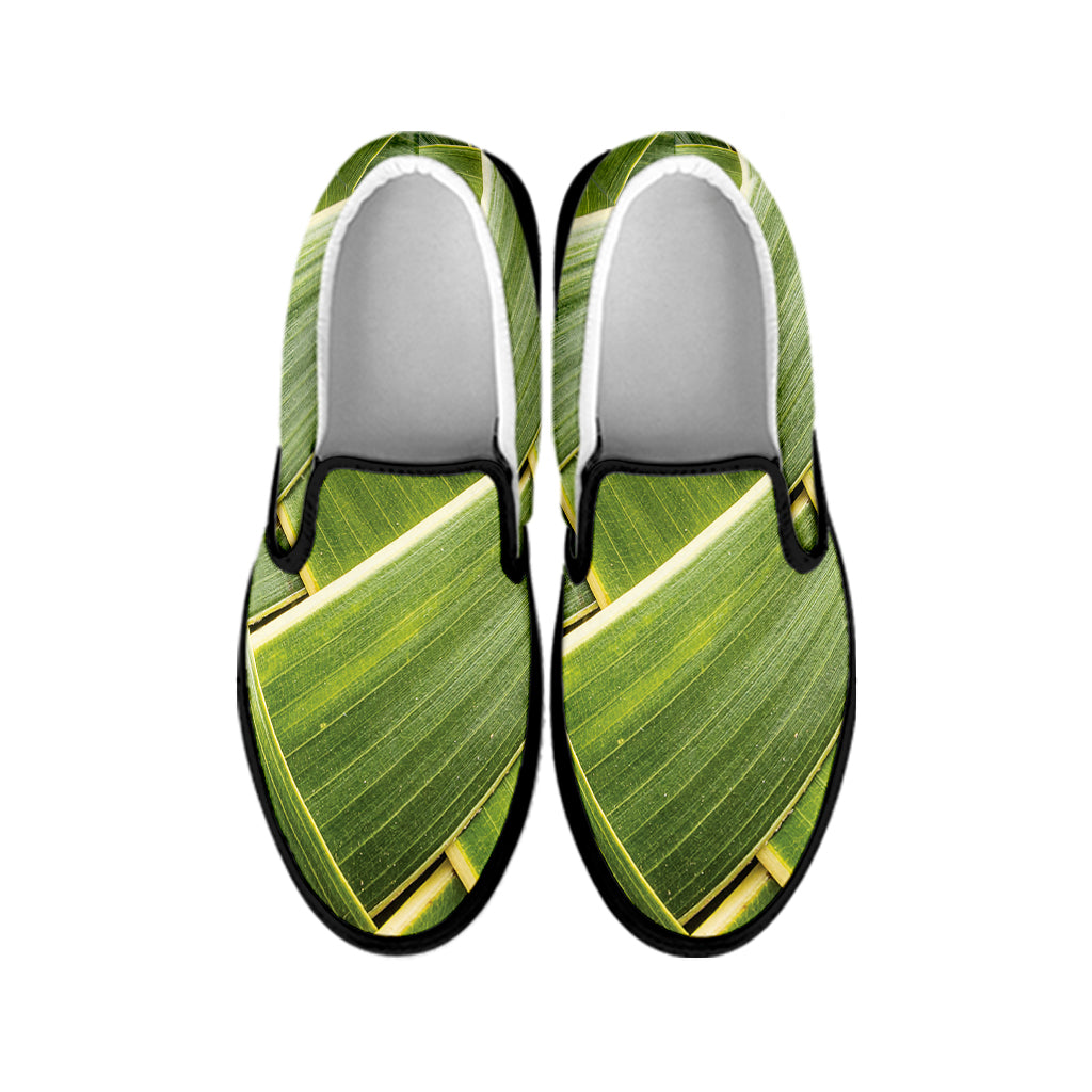 Coconut Leaf Print Black Slip On Shoes