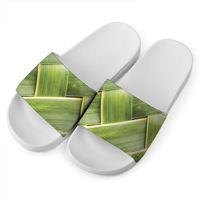 Coconut Leaf Print White Slide Sandals