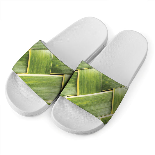 Coconut Leaf Print White Slide Sandals