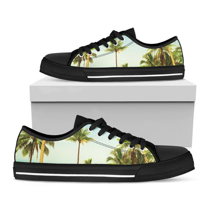 Coconut Tree Print Black Low Top Shoes