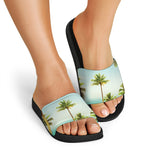 Coconut Tree Print Black Slide Sandals