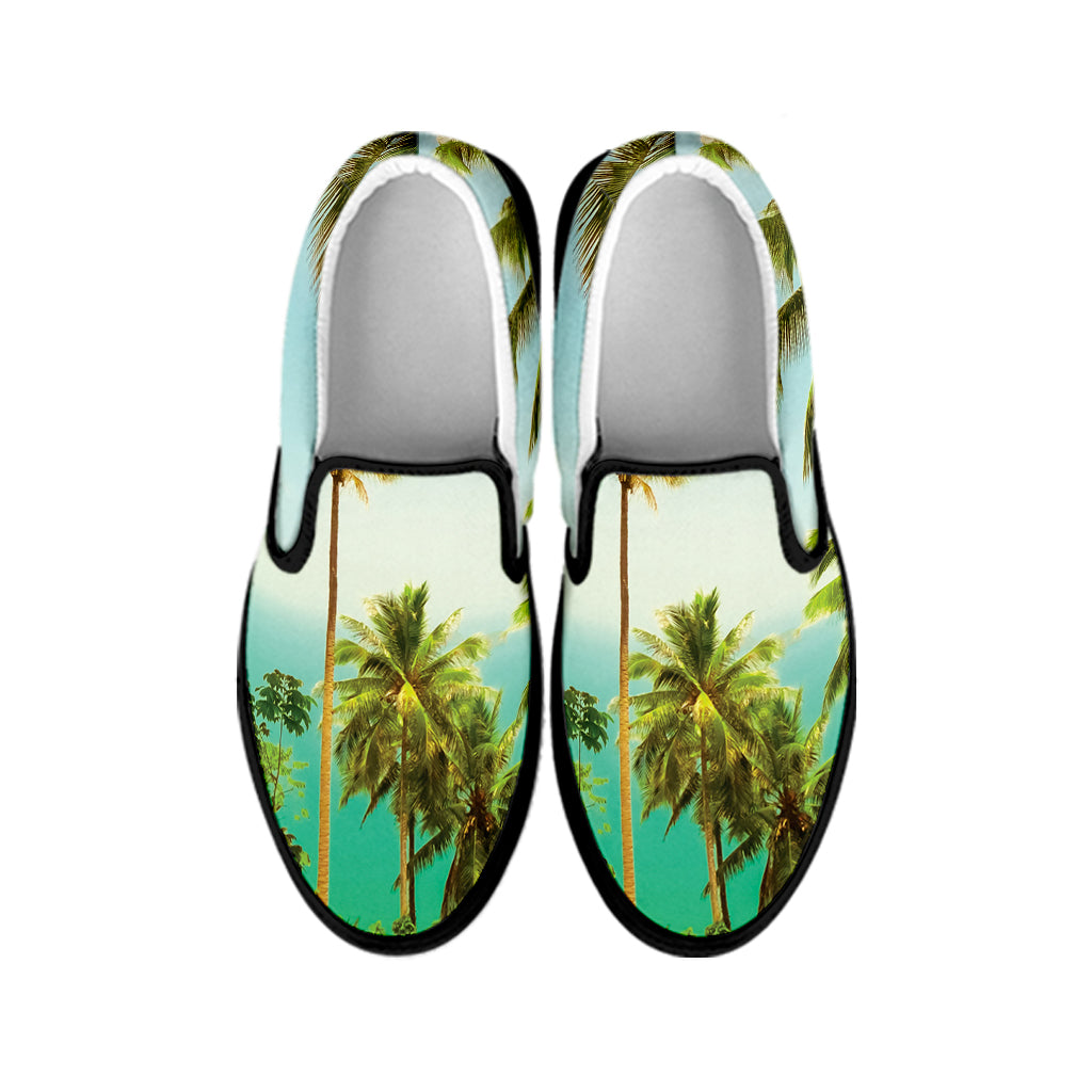 Coconut Tree Print Black Slip On Shoes