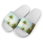Coconut Tree Print White Slide Sandals