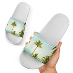 Coconut Tree Print White Slide Sandals