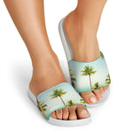 Coconut Tree Print White Slide Sandals