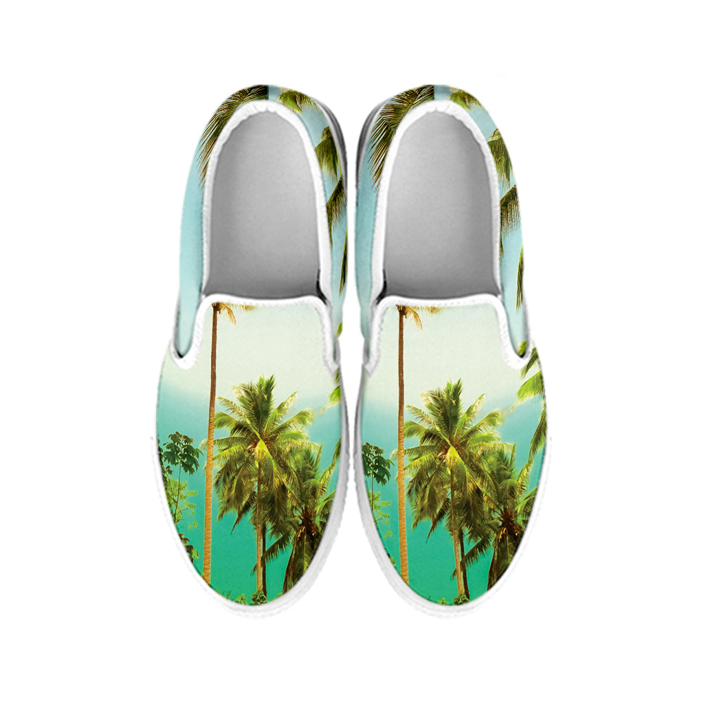 Coconut Tree Print White Slip On Shoes