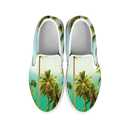 Coconut Tree Print White Slip On Shoes